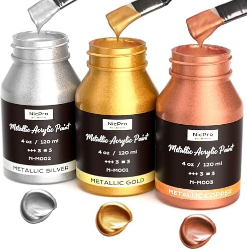 peinture acrylique métallique 120 ml/bouteille, peinture acrylique or & argent & cuivre 3 couleurs, non toxique, pour Métal, Bois, L'Argile, Meubles, Loisirs Créatifs et Fournitures Artistiques