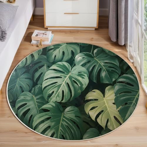 ZISTRCBAO Monstera Alfombra Redondas 180cm, Plantas Tropicales Tapete Redondo Antideslizante, Verde Oscuro Alfombra De área Redonda para Salón Sofá Mesa Café Estudio Comedor
