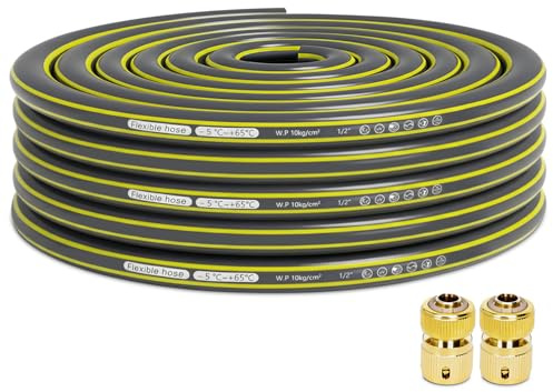 Garden Hose Pipe Connectors Set, 1/2” Layer Reinforced Water Pipe | Outdoor Hosepipes Reel with Brass Fittings for Gardening Watering Pool Filling (10 Metres)