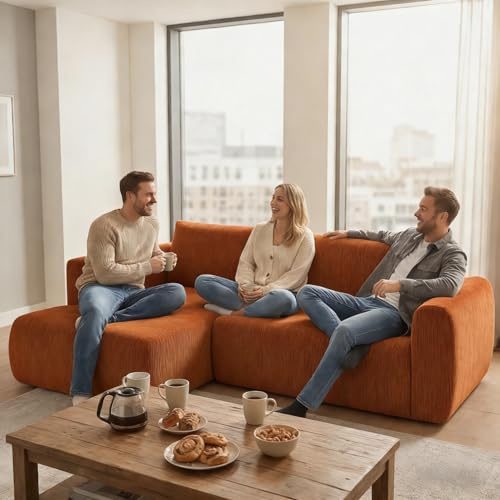Yeecle Ecksofa mit Schlaffunktion aus Cord – Modernes Cord-Schlafsofa, weich gepolstertes 3-Sitzer Sofa ohne Holzrahmen, kompaktes Ecksofa für Wohnzimmer (Orange)