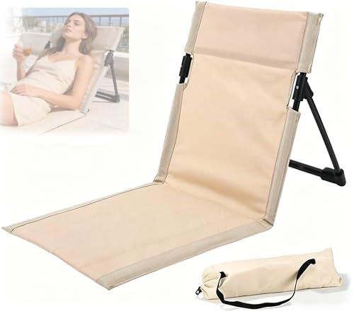Calenxy Strandmatte mit Rückenlehne, Tragbare Bodenstuhl mit Rückenlehne, Strandliege Faltbarer, Klappbar Strandstuhl, Campingstuhl Liegestuhl für Urlaub Garten Camping Park Festivals (Beige)