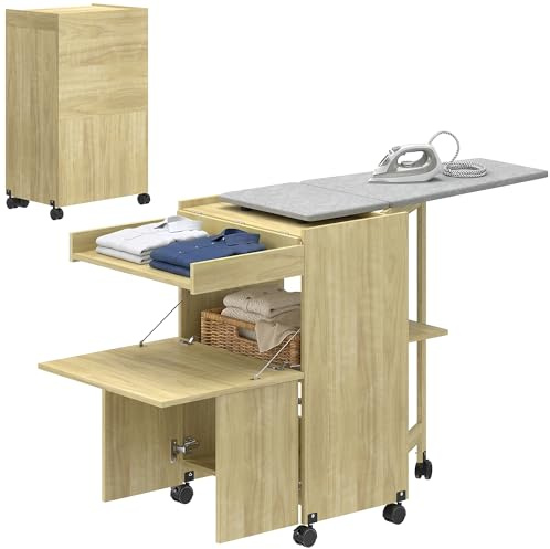 HOMCOM Mueble tabla de planchar plegable con ruedas y soporte para planchar, mueble de planchado multiusos con estantes, compartimento abierto, para lavandería, baño, 154 x 55 x 87 cm, color madera