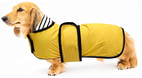 Geyecete Hunde Regenmantel,Einstellbar Wasserdicht Hundejacke für Dackel,Regenmantel mit reflektierenden Trägern,Regenjacken mit Gürtel mit Klettverschluss für Miniaturdackel-Gelb-M