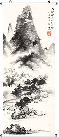 CoolChange Asiatisches Tuschebild Kakemono | Rollbild aus Stoff 100x40cm | Chinesesisches Dorf