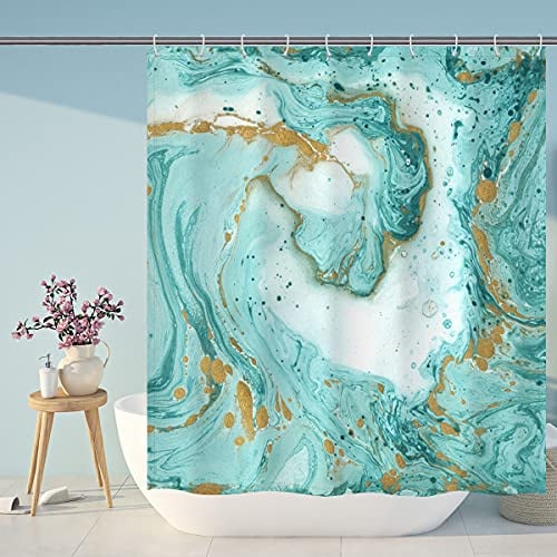D&M Duschvorhang, grüner Marmor, Wasserfarben, Blaugrün, goldene Linien, Türkis, Aqua, Stoff, Badvorhang für Badezimmer, Badewanne, Dekoration, abstraktes Polyester, 183 x 213 cm, 12 Duschhaken
