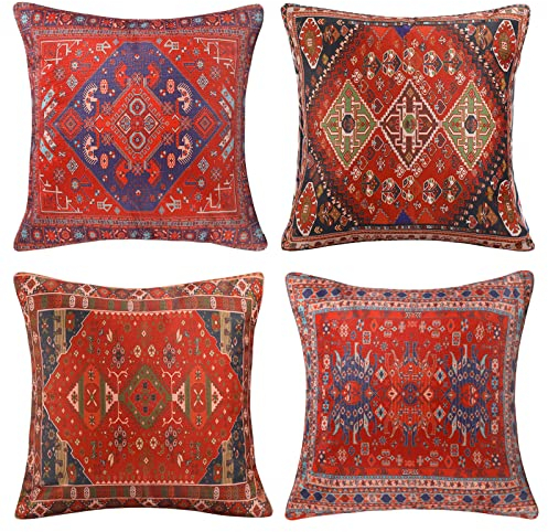 Kissenbezug Outdoor Kissen Sofakissen Dekokissen Bezug 45x45 Boho Abstrakt Geometrisch Teppich Muster Rot Dekorative Kissenhülle Kissenbezüge Leinen für Sofa Couch Schlafzimmer Wohnzimmer 4er Set