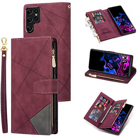 UEEBAI Hülle für Samsung Galaxy S22 Ultra 5G, Leder Klapphülle, Rot Raute | Premium PU Handyhülle Magnetische Klapphülle mit 9 Kartenfächer Standfunktion Geldbörse Trageband Schutzhülle Wallet Case