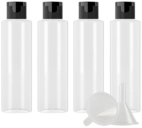 ZEOABSY 4 Pièces 150 ML Transparent Bouteille en Plastique avec Bouchon à Charnière Noir, Épaule Plate Vider Bouteille Ronde en PET de Voyage pour Cosmétiques Liquides