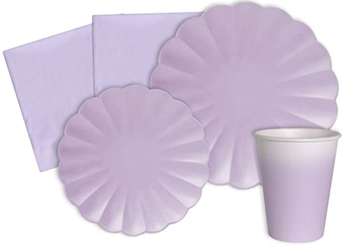 Kit Party Tavola Flower Shape per 8 persone (44 pezzi: 8 piatti Ø23cm, 8 piatti Ø18cm, 8 bicchieri 200ml, 20 tovaglioli 33x33cm) in carta compostabile eco-friendly, viola lavanda