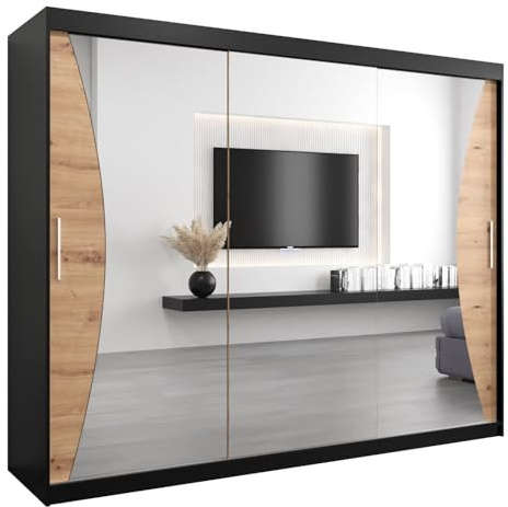 MEBLE KRYSPOL Kleiderschrank mit Spiegel Monaco - Garderobenschrank - Schrank Schlafzimmer - Mehrzweckschrank DREI Schiebetüren - Regalen - Flur Möbel - Kleiderstange Schrank - Allzweckschrank