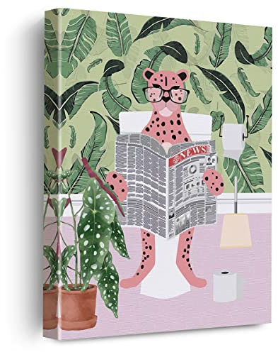 EVXID Leinwand-Poster, Motiv: rosa Gepard auf Toilette, Zeitungslesung, Wandkunst, Geparden-Badezimmer-Bild, Kunstwerk, gerahmt, fertig zum Aufhängen, für Toilette, Wanddekoration, 30,5 x 38,1 cm