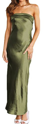 Realtix - Vestido largo de satén y seda para mujer, sin espalda con sujetador tipo bandó, espalda baja y diseño hueco, elegante, sin tirantes, para invitadas a bodas, Verde -Oliva, S