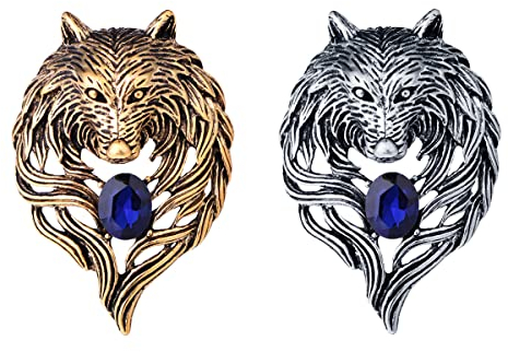 Weenkeey 2 Stück Männer Wolf Brosche Pin Retro Tier Brosche Abzeichen Anstecknadeln Wolf Kopf Kragennadeln Pin für Anzug Mantel Hemden Hüte - Gold Silber