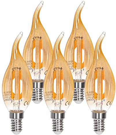 Aigostar Lampadina LED E14 Candela Filamento Vintage 4W (Equivalente A 35W), Lampadina Stile Decorazioni Vintage Edison, Bianco Caldo 2200K, 400 Lumens, CRI>80, Pacco da 5