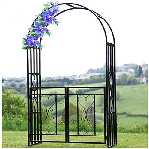 ENLLY Rosenbogen Metall Stabil Gartenbogen Mit Tür Rankgitter Gartentor Rankhilfe Rostfrei Torbogen Weihnachtsdeko 210x114x52cm Tor Verriegelbar Rankbogen Rosengestell