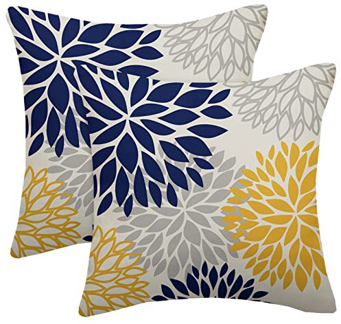 Marineblau-gelbe Dahlien-Kissenbezüge, 45,7 x 45,7 cm, 2 Stück, gelb-graue Dahlien-Blumen, dekorative Wurfkissen, Sommer, geometrische Blume, Kissenbezug, Leinen, quadratischer Kissenbezug für Zuhause