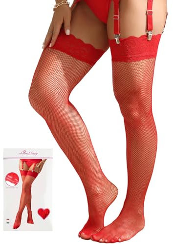 ohyeahlady Calze Autoreggenti da Donna Sexy Rete Curvy Taglie Forti Calze per Reggicalze Pizzo Hot Collant Intimo sexy donna Biancheria Intima Rosso,