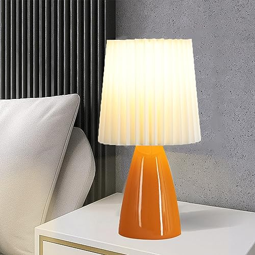 Handbemalte glasierte Keramik-Tischlampe Stil Retro-Porzellan-Schlafzimmer-Nachttischlampe Stoff E27 Tischleuchte Schreibtischlampe mit Schalter für Schlafzimmer Büro-Nachtlampe,Rosa Gelb Weiß