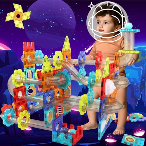 4-Pejiijar Magnetische Bausteine für Kinder, 3D Magnet Konstruktionsspielzeug, 74 Teile Murmelbahn Lernspielzeug, Kreativität Montessori Magnetspiel Bauklötze Geschenk für Jungen und Mädchen