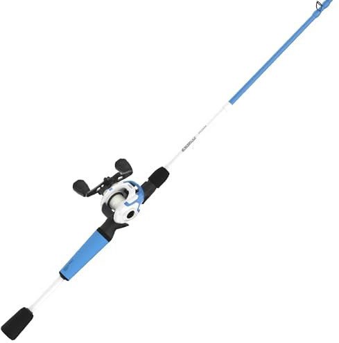 Zebco Roam Baitcast-Rute und Angelrutenkombination, 1,8 m, 1,8 m, 2-teilig, mittelschwere Leistung, schnelle Aktion, DynaMag Cast Control, 6,1:1 Übersetzung, 5,4 kg Schnur, Linkshänder, blau/weiß