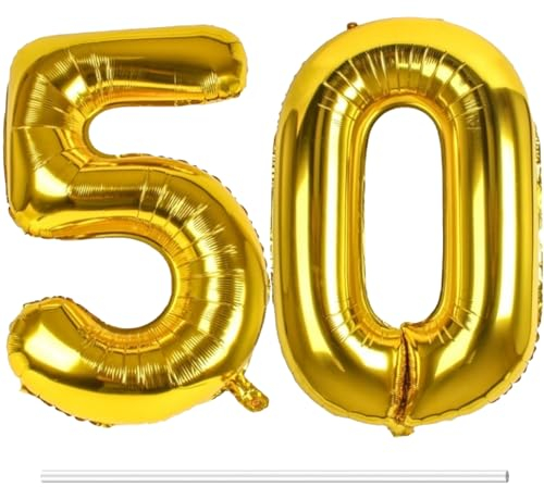 LAPONO Luftballons Geburtstag Zahl 50 Gold, XXL Folienballon Zahlen 5 und 0 Riesen Helium Ballons 50 Jahre Geburtstagsdeko für Junge, Mädchen 50. Kindergeburtstag Jubiläum Party Deko