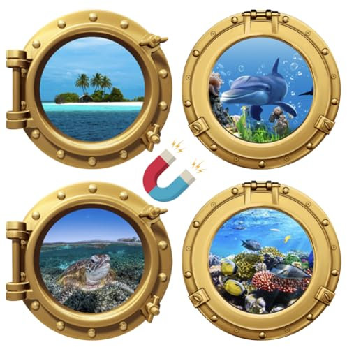 BAOZOON 4 Pieces Cruise Door Decorations Magnetic Cruise Porthole Door Magnets Turtle Palm Tree Cruise Magnet The Sea Nature Scenery Fridge Decor for Carnival Cruise Refrigerator Car(Gold)