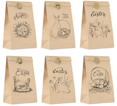 CHEPULA Papiertüten Ostern, 12 Stück Ostertüten zum Befüllen, Klein Braun Ostern Geschenktüten mit 18 Aufkleber, Osterhase Tüten für DIY Basteln und Geschenken, Osterdeko für Kinder und Erwachsene