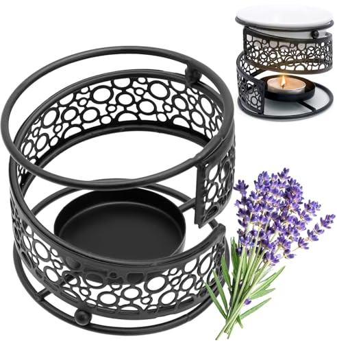 FORYNXHWIN Metal Essential Oil Burner Wax Melt Burner Diffuser with Ceramic Bowl, Candle Aroma Burner Ceramic Essential Oil Candle Holder Home Bedroom Decor, Round Black