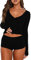 WangsCanis Women 2 Piece Ribbed Knit Pajama Set Long Sleeve Button Down Crop Top with Shorts Lounge Pj Set Sleepwear (121 Black, S)