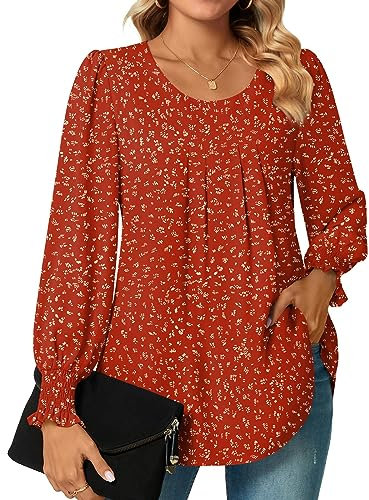 Bestbee Womens Long Sleeve Tunic Tops Dressy Chiffon Blouses Crew-Neck Smocked Cuffs Sleeve Shirts Casual T-Shirts Ladies Pleated Tops, Polka Dots Red, 3XL