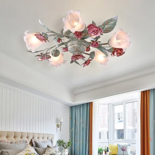 GDLight 5-flammige Deckenlampe mit Blumenmuster Pastorale, rosa Rosen-Deckenleuchten Europäischer, rustikaler Kronleuchter für Wohnzimmer, Schlafzimmer, Kücheninsel, Café, Bar, 220 V