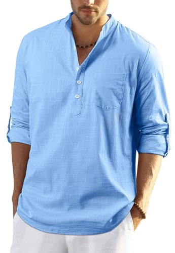 Enlision Mens Cobalt Blue Cotton Linen Shirts Long Sleeve Shirt Button Down Henley Shirts Lightweight Casual Plain Tops for Men XL