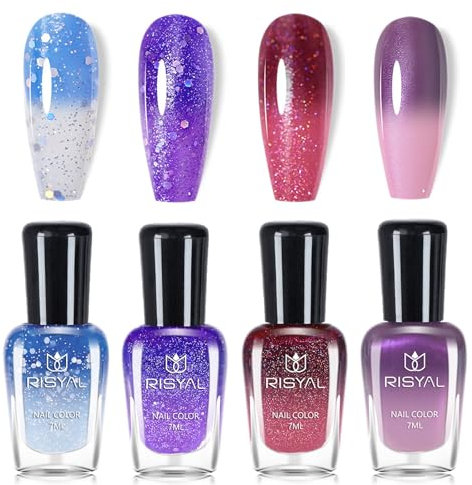 Temperature Colour Changing Nail Polish Set - Quick Drying Long-Lasting Glitter Nail Varnish Sets - 4 Colors Rainbow Chameleon Colour Mood Chameleon Glossy Nail Polish Set - No Need Cured
