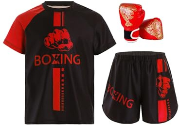 Miutii Survêtement 3 pièces pour enfant garçon - Vêtements de boxe Muay Thai - Short de kickboxing - Short + t-shirt + gants de boxe thaïlandais - MMA - Arts martiaux - Entraînement, rouge, 134 cm-140