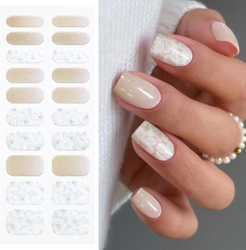 JMEOWIO Gel Nail Stickers White Flower Glitter Semi Cured Gel Nail Strips Wraps UV/LED Nails Art Design Decoration Accessories