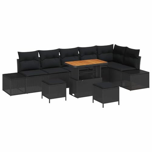 vidaXL 9-teiliges Garten-Sofa-Set mit Kissen in Schwarz aus Poly Rattan und Akazie – perfekt für Deine Terrasse oder den Balkon.