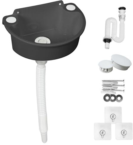 Inscrip Lavabo con montaje en pared, 29,5 x 21 x 10,5 cm, semicírculo de plástico, lavabo pequeño para invitados, inodoro, baño, camping, jardín, sótano, obras con desagüe de 75 cm, color gris