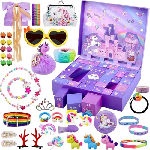 Adventskalender 2025 Mädchen,24 Tage Weihnachtskalender Kinder,Einhorn Überraschungsgeschenke für Töchter und Enkelinnen,Weihnachtsgeschenke Mädchen ab 3 Jahre (Einhorn-Lila)