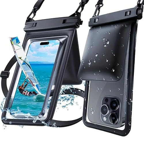 Yuexitech wasserdichte Handytasche mit Trageband, Tasche mit 2 Fächern für Große Handys bis zu 7,5 Zoll, wasserdichte Handytasche zum Schwimmen, Schnorcheln, für den Pool und Strand (Schwarz)