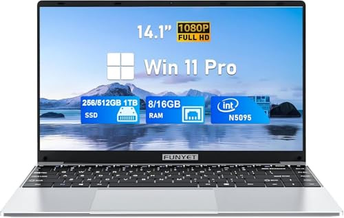 FUNYET Computer portatile, computer portatile da gioco 2026, 14 pollici Lap Top PC Windows 11 Pro, 8 GB RAM 256 GB SSD, processore Intel N5095 (fino a 2,9 GHz), Office 365, per aziende e studenti