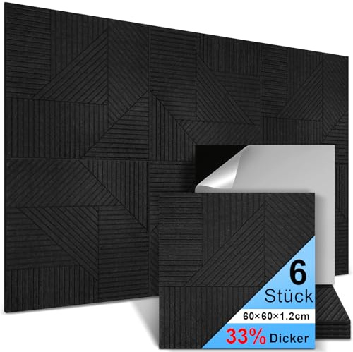 AUSLET 6 paneles acústicos autoadhesivos, 60 x 60 x 1,2 cm, paneles acústicos de poliéster para aislamiento acústico, paneles de aislamiento acústico de alta densidad, absorbentes de sonido, pared