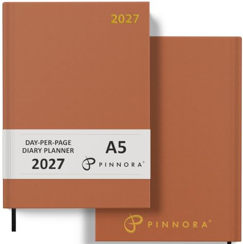 Pinnora Diary 2026 A5 Day Per Page, Leather Tan Year Planner Organiser 2026 Day Per Page, 2026 Planner, Home, School & Office, Hard Back 2026 Diaries A5 & A4 2026 Diary in Day Per Page & Week To View