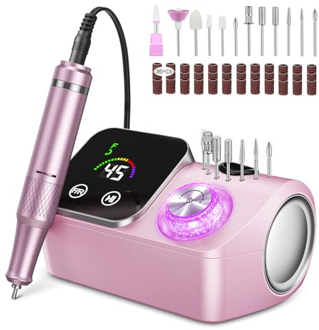 Urbuti Ponceuse pour Ongles Professionnelle 45000 RPM 36 W, Ponceuse Ongles Portable avec Écran LCD & Support et 11 Embouts,Lime à Ongle Electrique Silencieux, Conçu pour Les Salons (Rose)