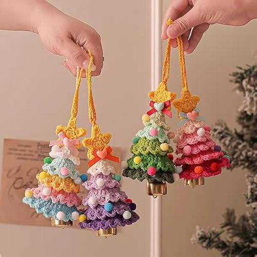 Weihnachtsbaum Anhänger Handgefertigter Häkel-Gestrickter Tannenbaum mit Jingle Bel Weihnachtsverzierung,Deko für den Schreibtisch WeihnachtsdekorationT