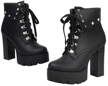 MEECHI Plateau Stiefeletten Mit Blockabsatz Damen Gothic Schnürstiefel Punk Ankle Boots Mit Niet PU-Leder Biker Booties Britischerstil Knöchel Schuhe Sexy High Heels Für Arbeit, Party