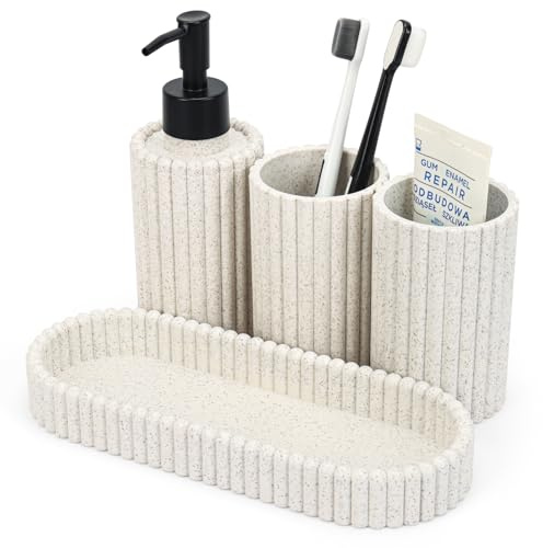 Topsky Bathroom Accessories Set - 4 Pcs Bathroom Organiser Straw Yellow | Bathroom Set with Soap Dispenser, Toothbrush Tumbler & Holder, Tray ,BPA Free, Suitable for Bathroom Vanity Top