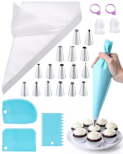Acual 124 Pcs Piping Bags and Nozzles Set, 100 Pcs Icing Piping Bags | Include1 Reusable Piping Bags, 16 Nozzles, 2 Couplers, 2 Bag Ties, 3 Cake Spatulas