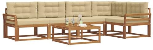 vidaXL Outdoor-Sofagarnitur mit Kissen 6 pcs Natur und Beige, Gartenmöbelset, modernes Patiosofa, Robustes modulares Lounge-Set, Outdoor-Sitzgelegenheit für Garten, Poolbereich, Akazienholz