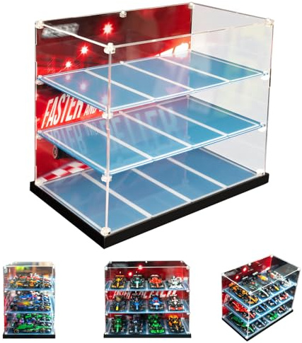 NOVDA Acryl Vitrine kompatibel mit Lego F1 Speed Champions, für Sammlung, Ausstellung & Wohnbereich, 3-stöckige Aufbewahrung für 12 F1 Modellautos, Display Case 42x24x33cm (Modelle Nicht enthalten)