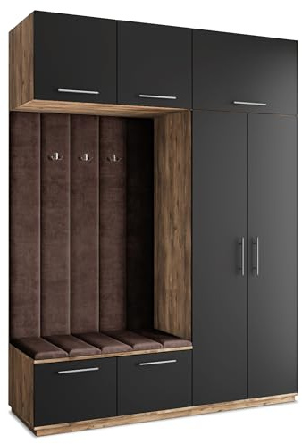 Masseno Flugarderoben Set Rema, Kleiderschrank-Set mit Sitzbank, Garderobenschrank Flur mit 5 Regalböden, Eiche Lefkas/Schwarz